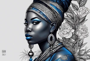 guerreiro Ogun africano realista de corpo inteiro em preto e cinza com tons de azul
 no fudo savana tattoo idea