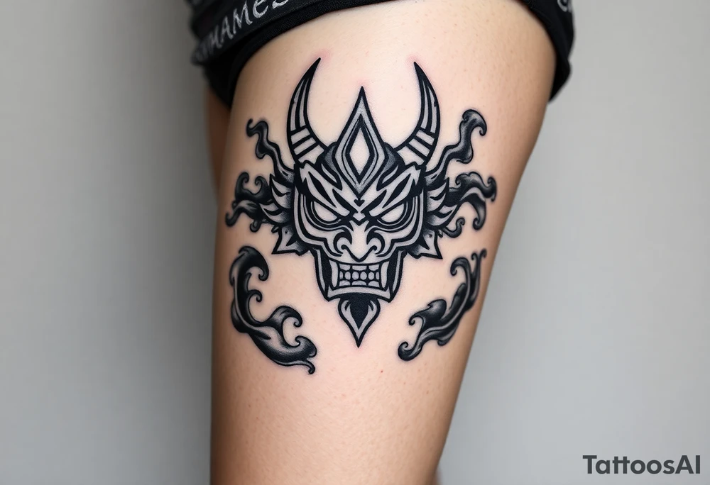 Oni mask surrounded by smoke tattoo idea