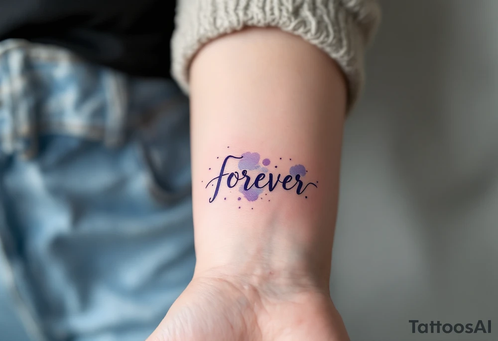 A watercolor-style "forever" in splashes of blue and purple, surrounded by paintbrush strokes. tattoo idea