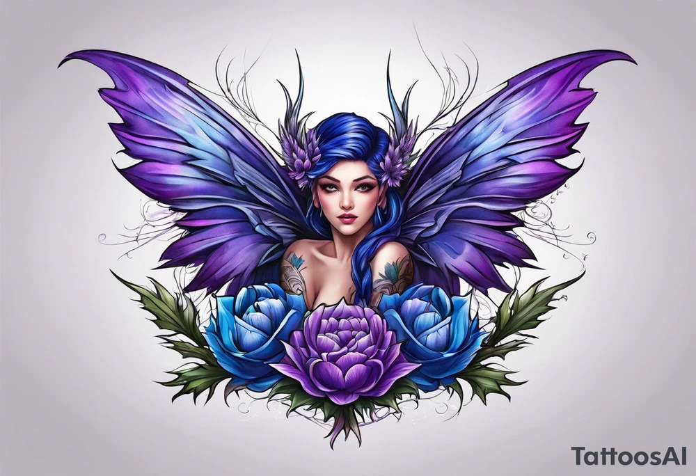 Thistle fairy purple and blue tattoo idea