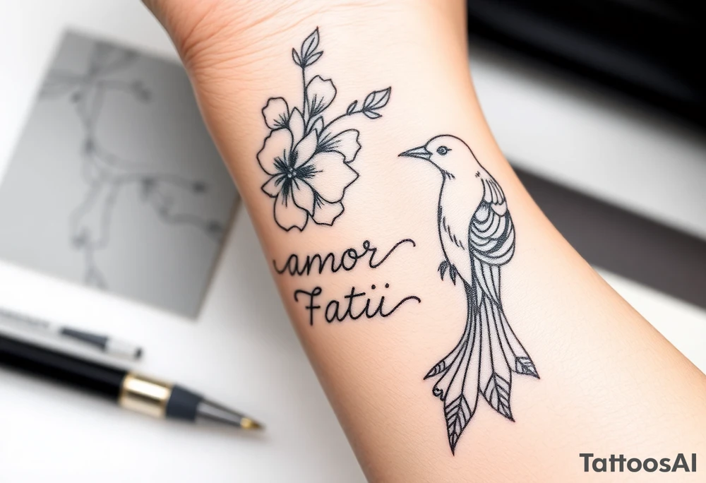 “Amor Fati” flowers colorful and bird tattoo idea