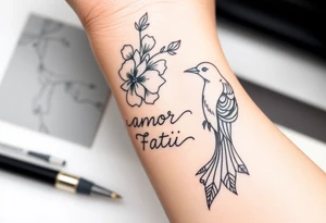 “Amor Fati” flowers colorful and bird tattoo idea