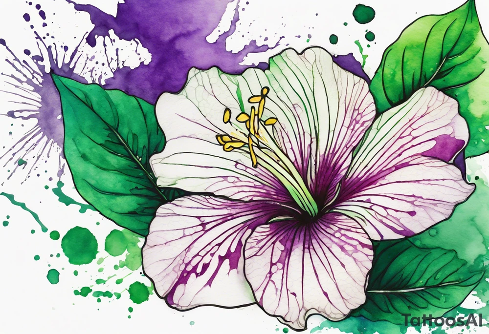 An outline of a green rio dipladenia flower and a green/purple watercolor splash in the background tattoo idea