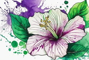 An outline of a green rio dipladenia flower and a green/purple watercolor splash in the background tattoo idea