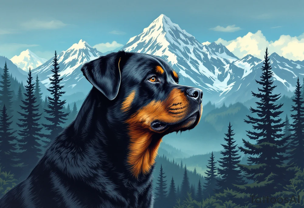 Majestic Rottweiler with Mountain Scenery – A proud Rottweiler gazing over mountain peaks and pine trees. Earth-toned fur, background in natural blues and greens. tattoo idea