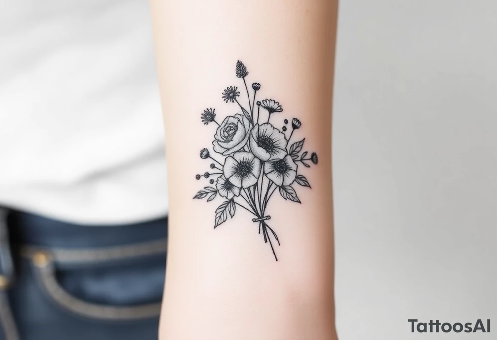 vintage bouquet of wild roses and meadow flowers with morning dew tattoo idea