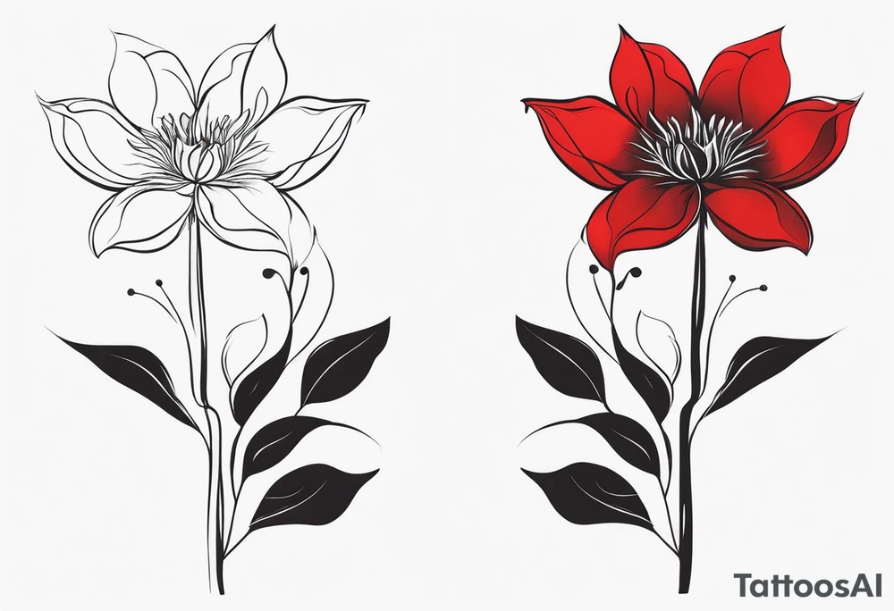 Two flowers coming together vertically, one red and one black and their stems are like smoke tattoo idea