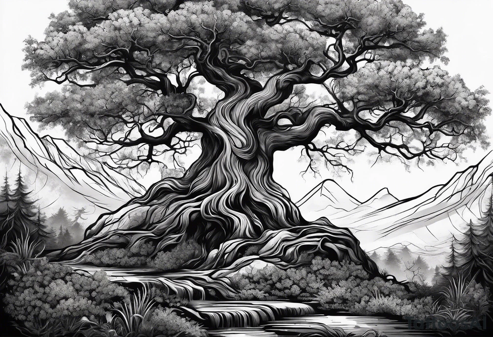 tree with long roots and branches tattoo idea