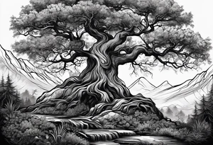 tree with long roots and branches tattoo idea