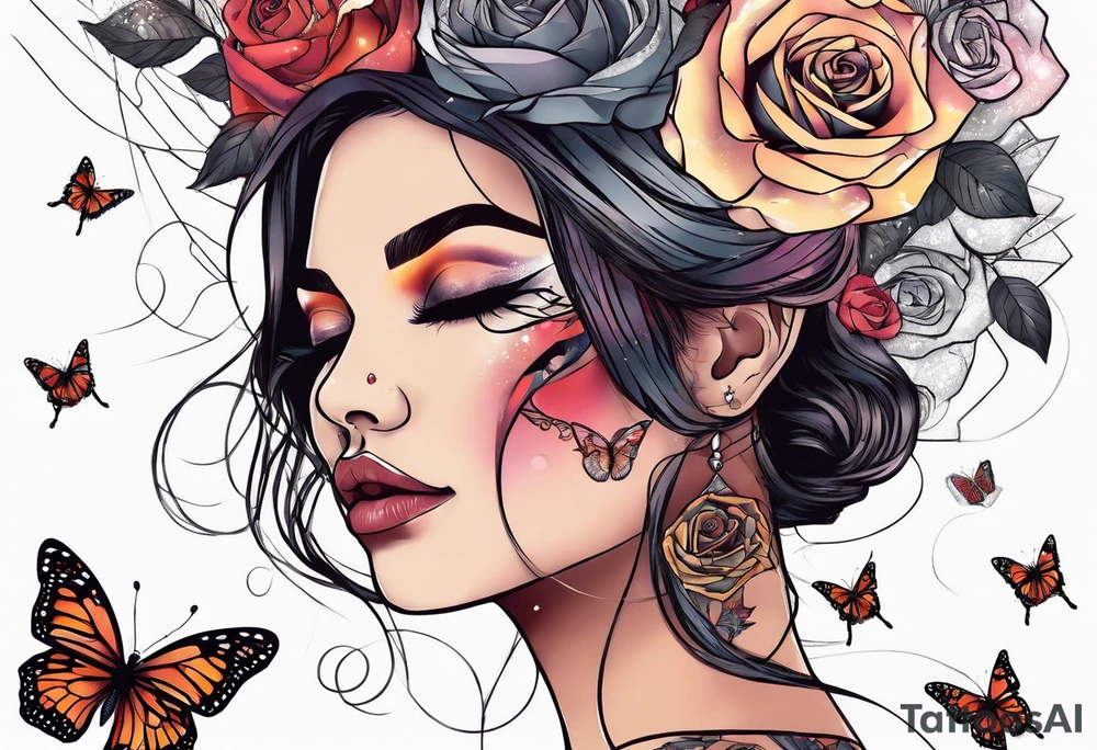 Sunset, rose, butterflies, dragonflies, woman half face with tears tattoo idea