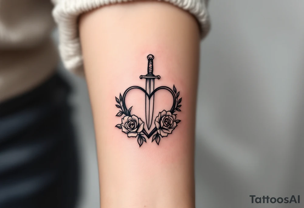 dagger piercing a heart with roses tattoo idea
