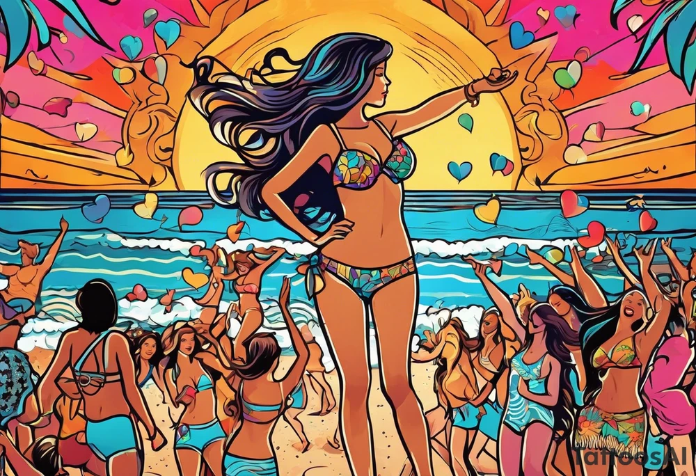 1970'S BEACH DANCE PARTY 
party, include confetti, music notes, 
, bikinis sunset in the center tattoo idea