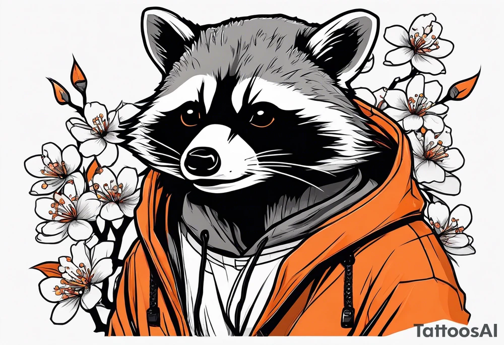 raccoon wearing a black and white Superman hoodie and orange Japanese cherry blossoms tattoo idea