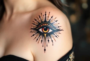A crimson eye of Horus with black shading and golden rays extending outward. tattoo idea