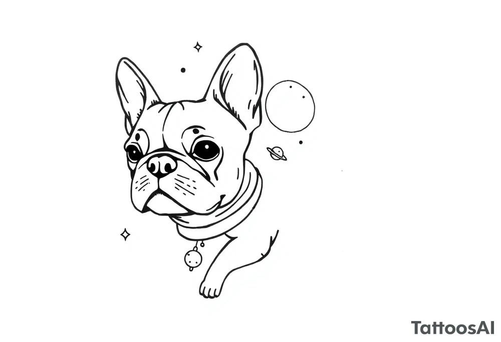 a space themed tattoo of my french bulldog mars. include elements in space like planets and stars. tattoo idea