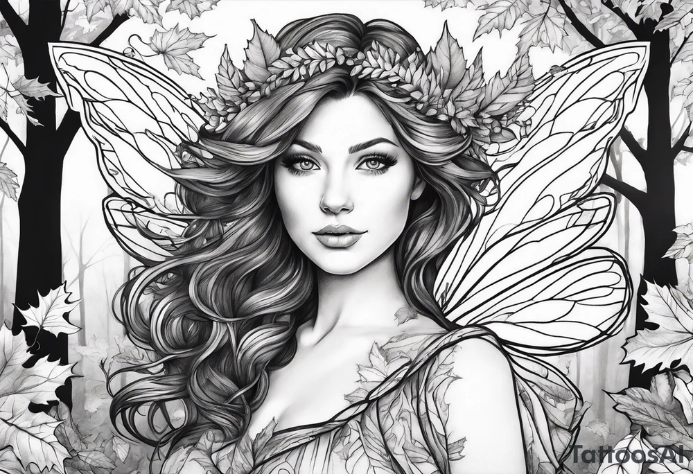 A auburn haired fairy in the middle of a forest during the peak of autumn, twirling in a whirlwind of autumn leaves tattoo idea