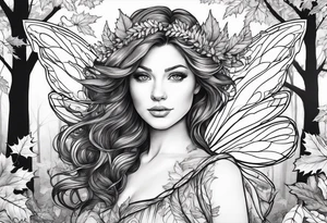 A auburn haired fairy in the middle of a forest during the peak of autumn, twirling in a whirlwind of autumn leaves tattoo idea