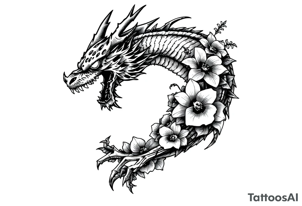 scary dragon with death flowers tattoo idea
