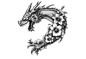scary dragon with death flowers tattoo idea