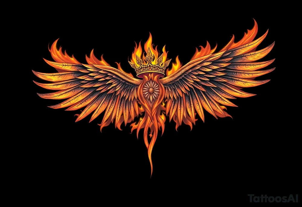 large blazing wing surrounded by fire. with a crown of fire tattoo idea