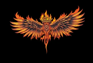 large blazing wing surrounded by fire. with a crown of fire tattoo idea