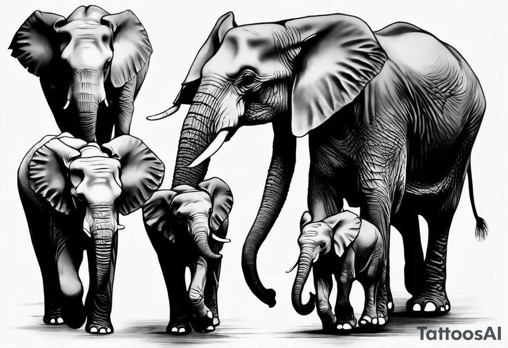 family of 6 elephants walking into sunset tattoo idea