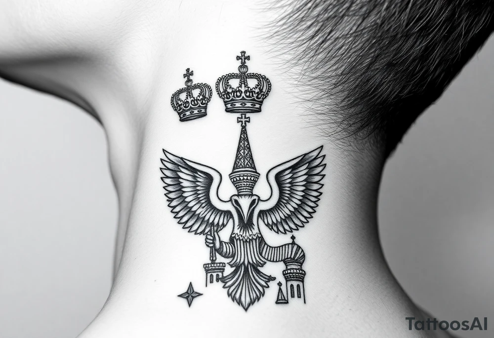 St. George, 3 russian imperial crowns above the Russian coat of arms double eagle and sitting above its wingspan sitting just above Kremlin or St. Basil's Cathedral scene  on the side of my neck tattoo idea