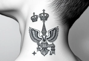 St. George, 3 russian imperial crowns above the Russian coat of arms double eagle and sitting above its wingspan sitting just above Kremlin or St. Basil's Cathedral scene  on the side of my neck tattoo idea
