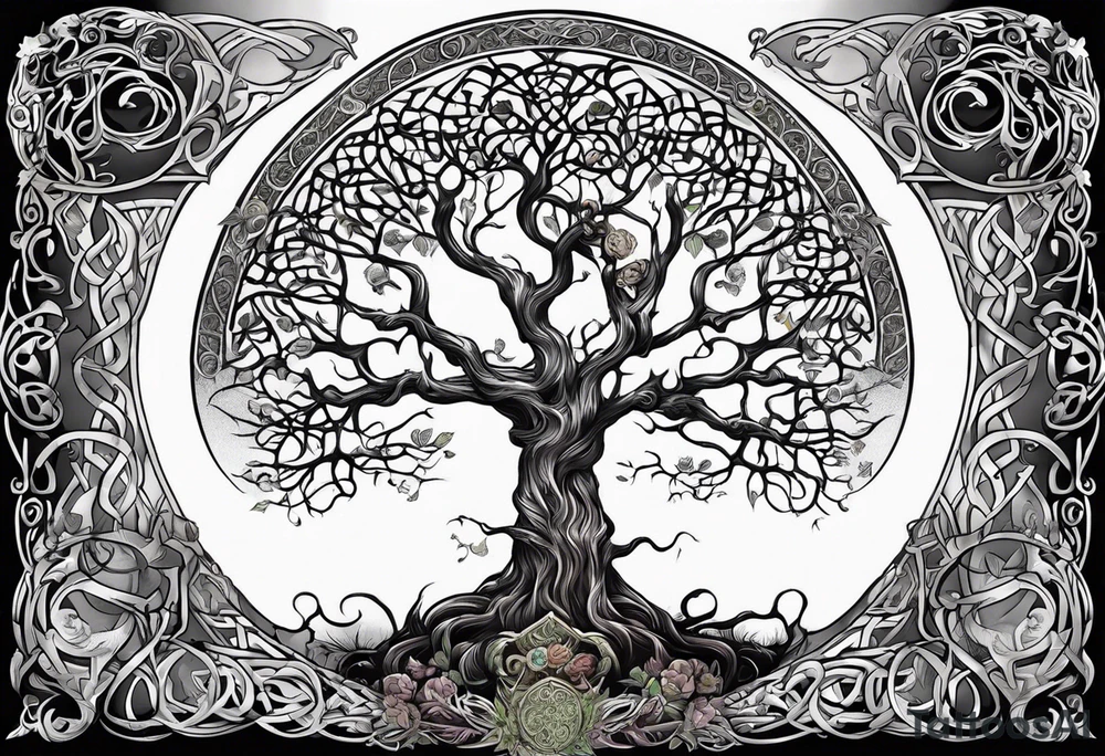 Skeletons beneath Celtic tree of life tattoo idea