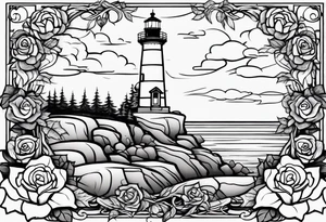 thigh placement in fall colors, showing, light house, water, rocks, sky, clouds, leaves, roses tattoo idea