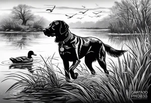 bird dog retrieving duck from marsh tattoo idea