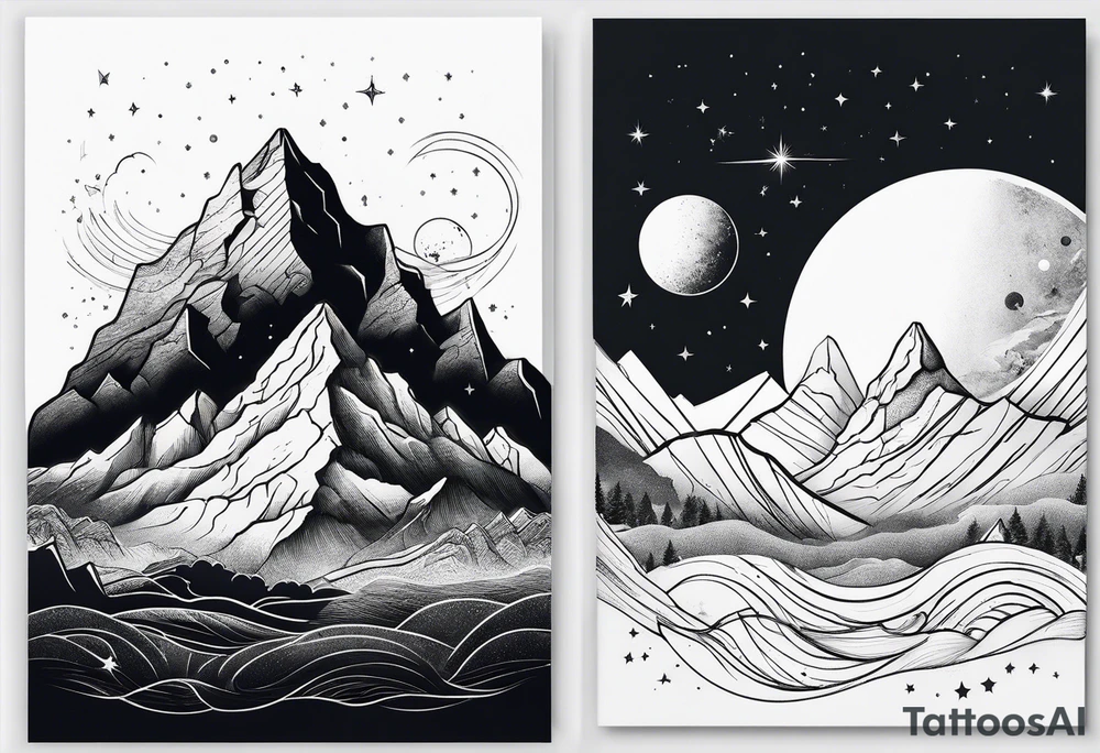 line art mountain vs space tattoo idea