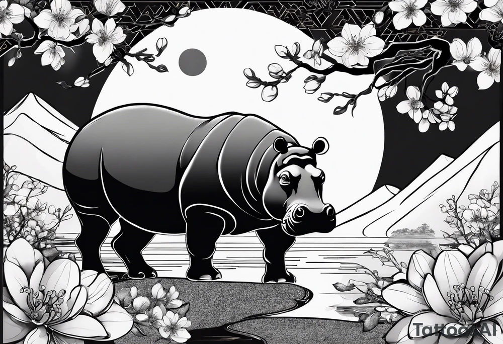 Asymmetrical, geometric, chinese ink art touch, hippo , full moon, wintersweet flower, light , modify from my favourite, ratio 9:16 tattoo idea