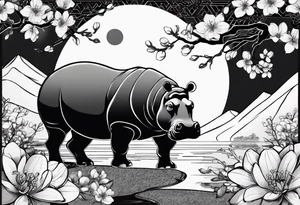 Asymmetrical, geometric, chinese ink art touch, hippo , full moon, wintersweet flower, light , modify from my favourite, ratio 9:16 tattoo idea