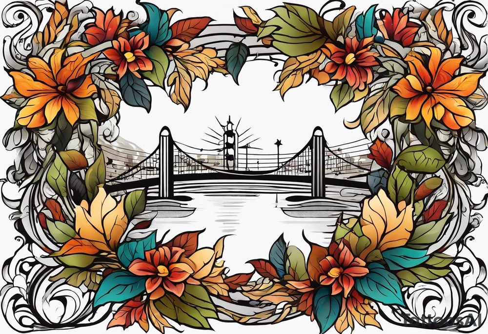 arm sleeve with fall colors, flowers, water flow shapes, leaves and various natural shapes, music staff tattoo idea