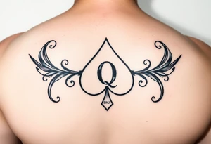 A spade womb tattoo with a Q in the center, with three points around the outside. The first reading, "BLACK". The second reading, "BABY". The third reading, "ONLY". tattoo idea