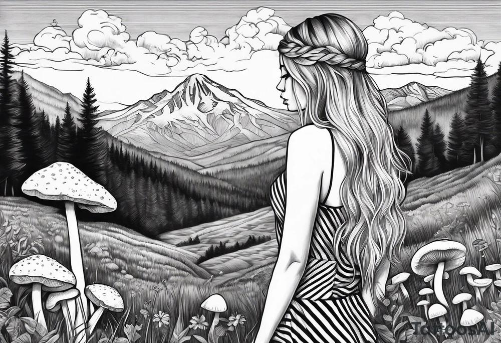 Straight long blonde hair girl in distance holding mushrooms in hand facing away toward mountains surrounded by mushrooms black and white striped dress tattoo idea