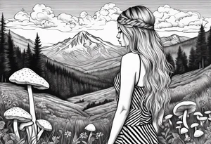 Straight long blonde hair girl in distance holding mushrooms in hand facing away toward mountains surrounded by mushrooms black and white striped dress tattoo idea