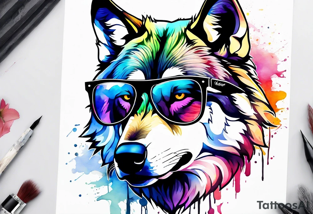 Watercolor wolf wearing sunglasses tattoo idea