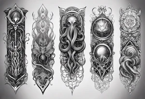 Long tattoo for forearm. Lovecraftian creature, with technological elements. Tentacles protect a heart. tattoo idea