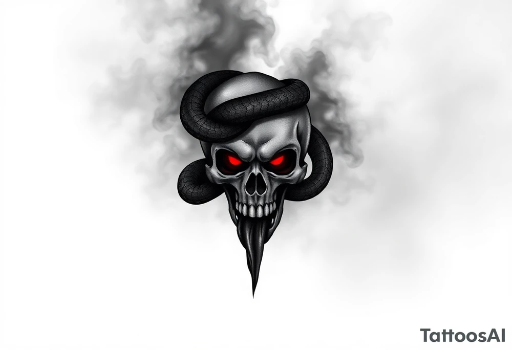 The Dark Mark, with the snake wrapped around the skull, stands out against a smoky, shadowy background. The skull has glowing red eyes, and the serpent’s tongue is dripping with dark, inky venom. Black and grey with hints of deep crimson for the eyes and serpent’s venom. Subtle touches of green and purple for the smoke. tattoo idea