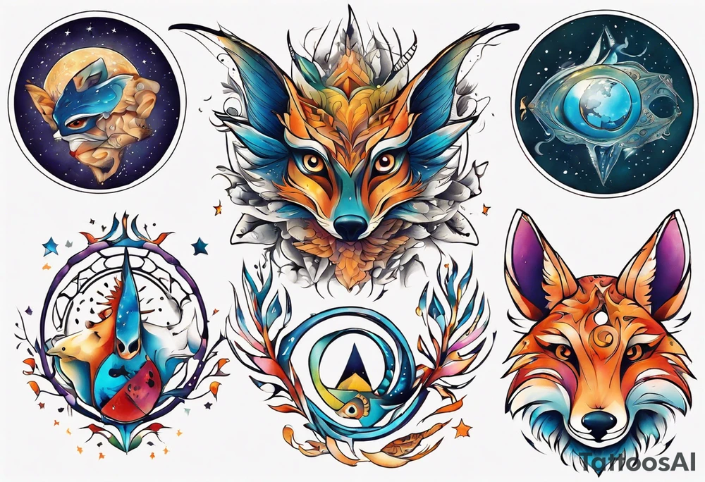 fisch, fuchs und eule , symetrie universum, bunt tattoo idea