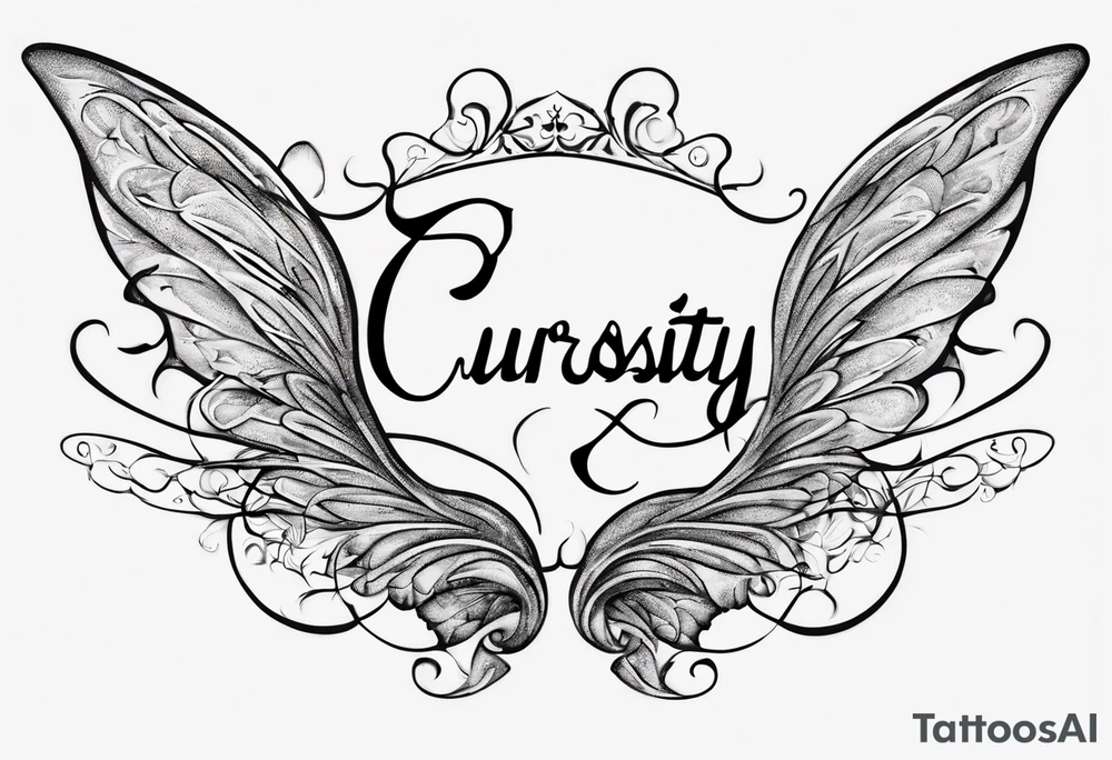 The word 'Curiosity' in cursive, intertwined with a fairy wing. tattoo idea The word 'Curiosity' in cursive, intertwined with a fairy wing. tattoo idea