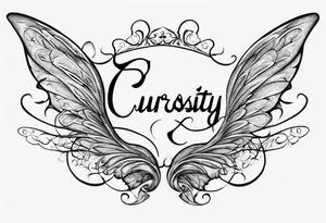 The word 'Curiosity' in cursive, intertwined with a fairy wing. tattoo idea