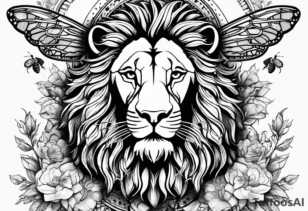 Bees, Lion, the word Papi with the date 4/15/23. tattoo idea