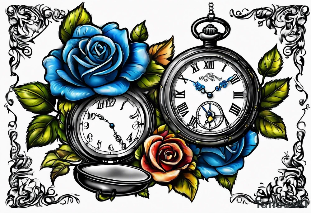 Pocket watch with blue roses tattoo idea