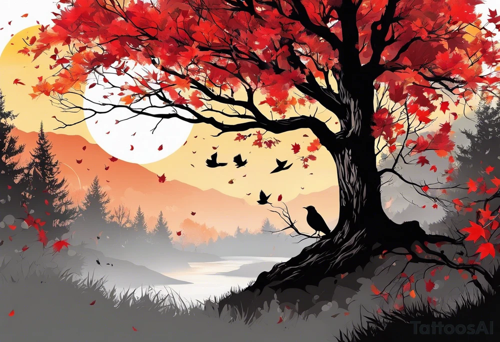 trash polka style. Arm tattoo. chest tattoo. Long tattoo. large tattoo. Full sleeve. Shoulder. A single large maple tree with red autumn leaves that branches upwards from wrist to shoulder. White-throated dipper bird on the trees branches. Calluna flowers at the base of the trees stem. Red/yellow sunset behind the trees stem. Leaves falling. tattoo idea
