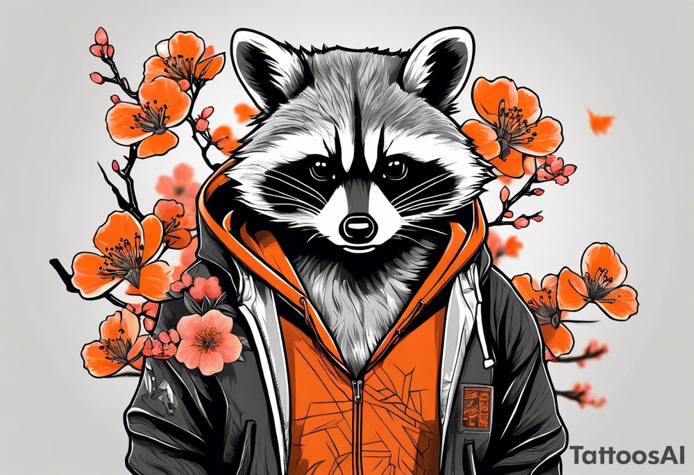 raccoon wearing a black and white Superman hoodie and orange Japanese cherry blossoms tattoo idea
