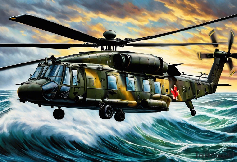 A cinematic-style tattoo depicting a Canadian military CH-148 Cyclone helicopter performing a daring maneuver over a turbulent ocean. The sky should be filled with dramatic clouds, and the sun should be setting, casting long shadows. The helicopter should be the main focus, with intricate details and a sense of motion. In the background, a poppy should be prominently displayed, and a quote from 'Lest We Forget' should be included, black and white tattoo tattoo idea