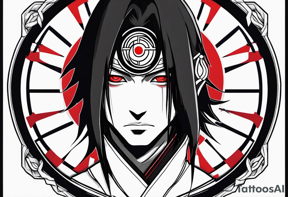 Uchiha Itachi with sharingan on tricep tattoo idea